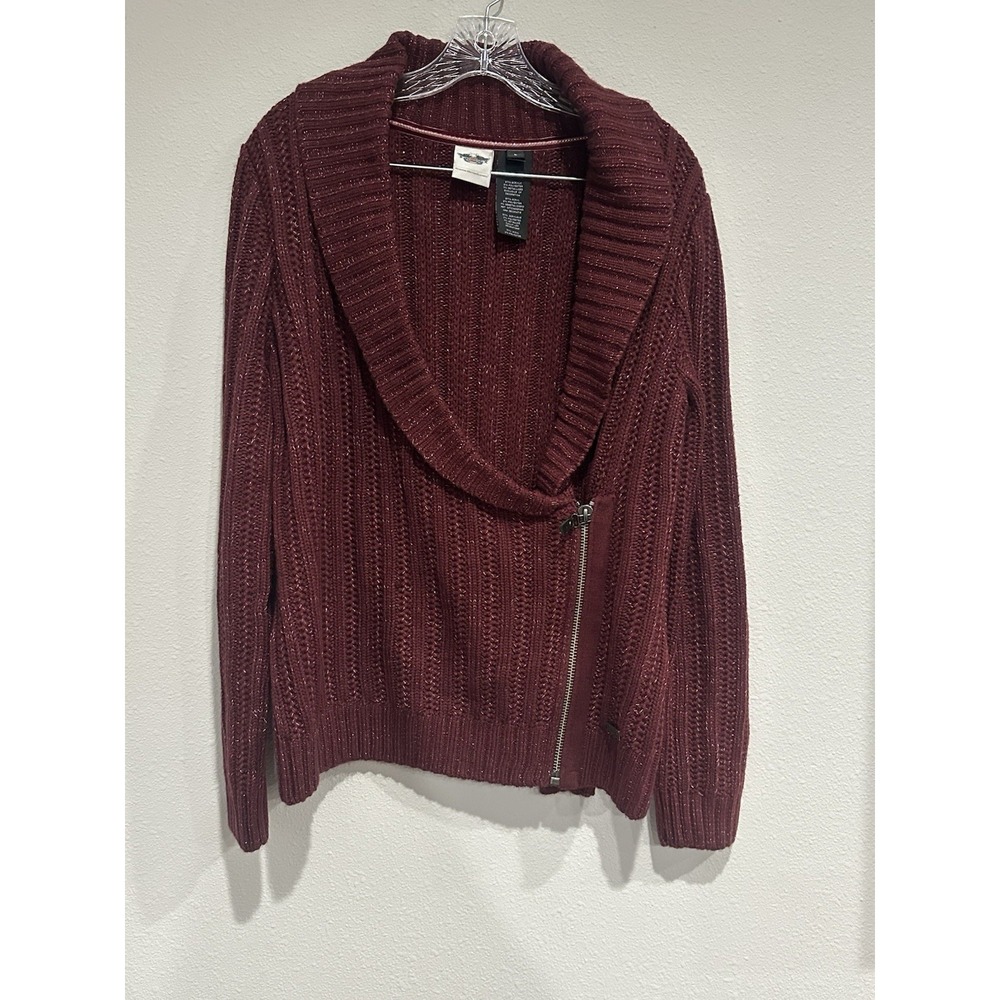 Harley Davidson Sz L Burgundy Shawl Collar Moto Style Side Zip Sweater Cardigan